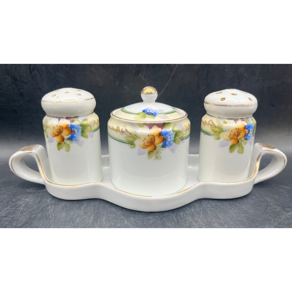Vtg Noritake Porcelain Condiment Set Japan Hand Painted Salt Pepper Jam Sugar